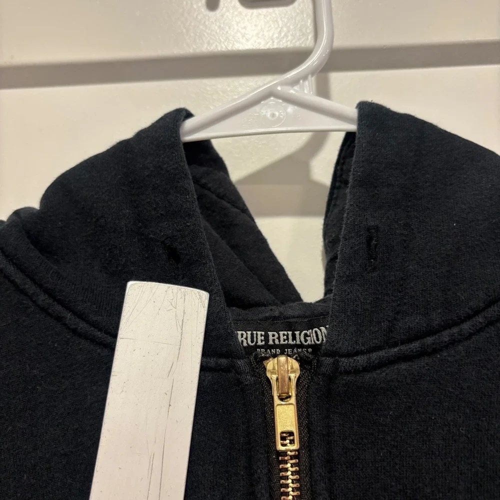 True Religion Mens Black Gold Horseshoe Logo Zip Up Hoodie Sweatshirt Size S/P